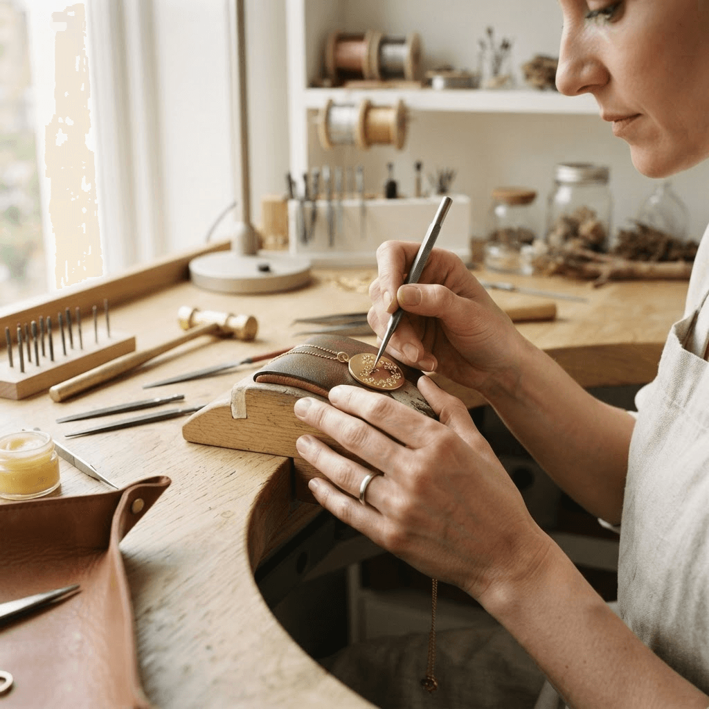 Artisan crafting a personalized Mark & Rose keepsake in the studio