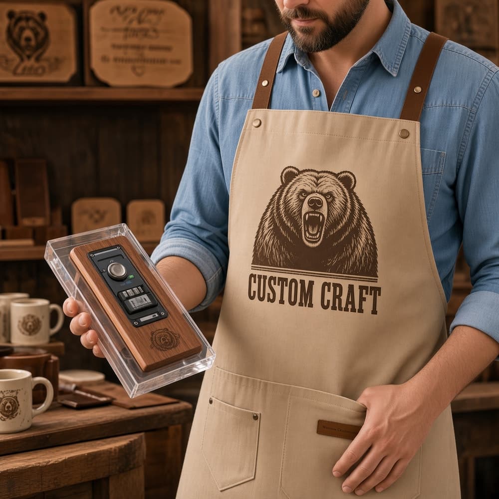 Tan canvas apron with a dark Custom Craft bear logo painted on the chest