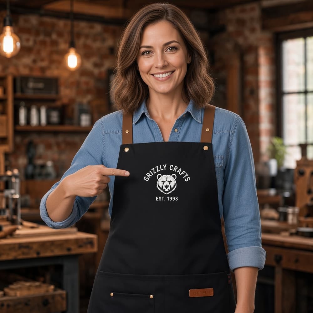 Woman pointing to a Grizzly Crafts custom logo on a black bistro apron