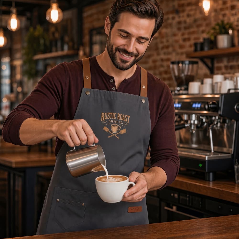 Barista in a charcoal apron with a custom Rustic Roast Coffee Co painted logo