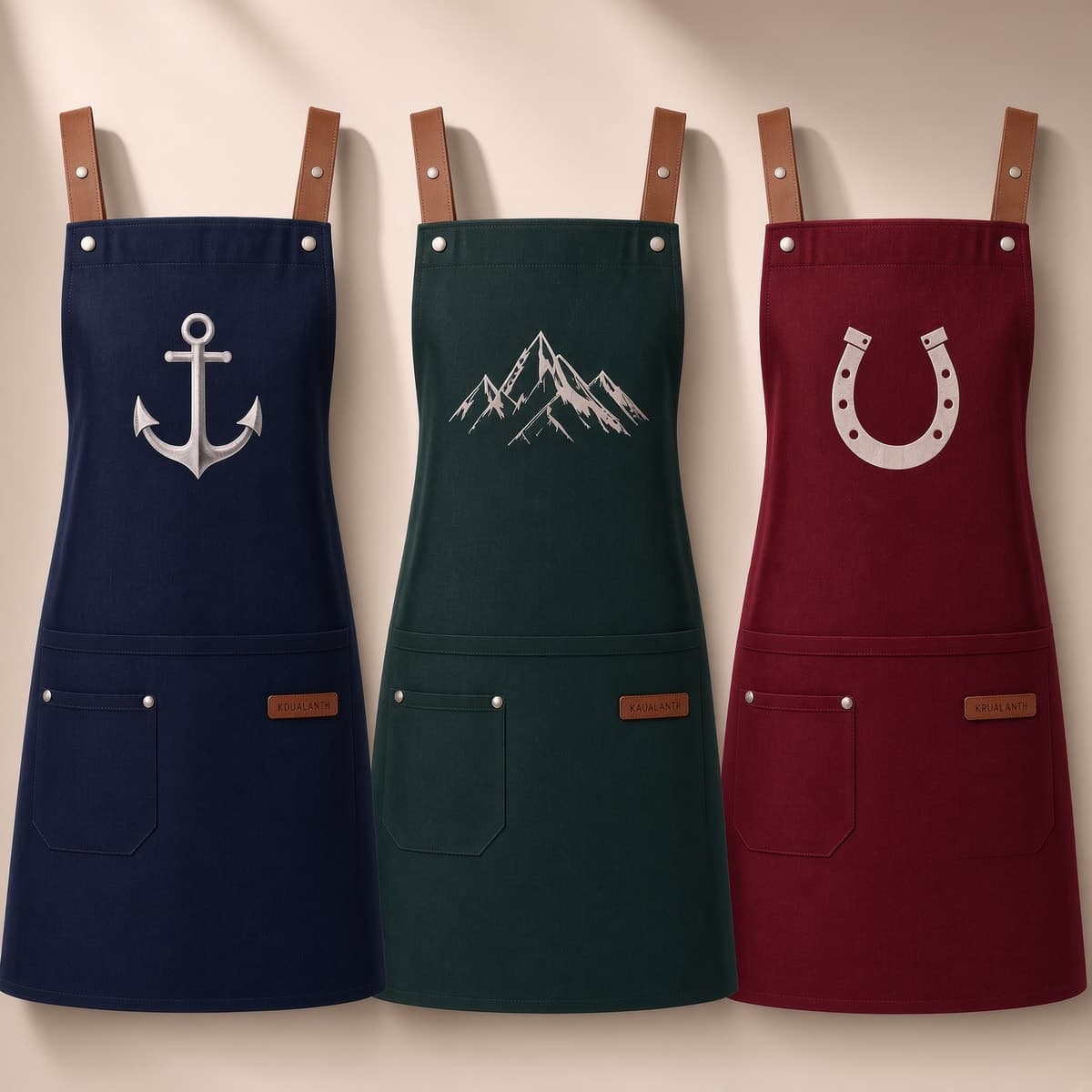 Three bistro work aprons in navy, forest green, and burgundy with custom painted chest logos