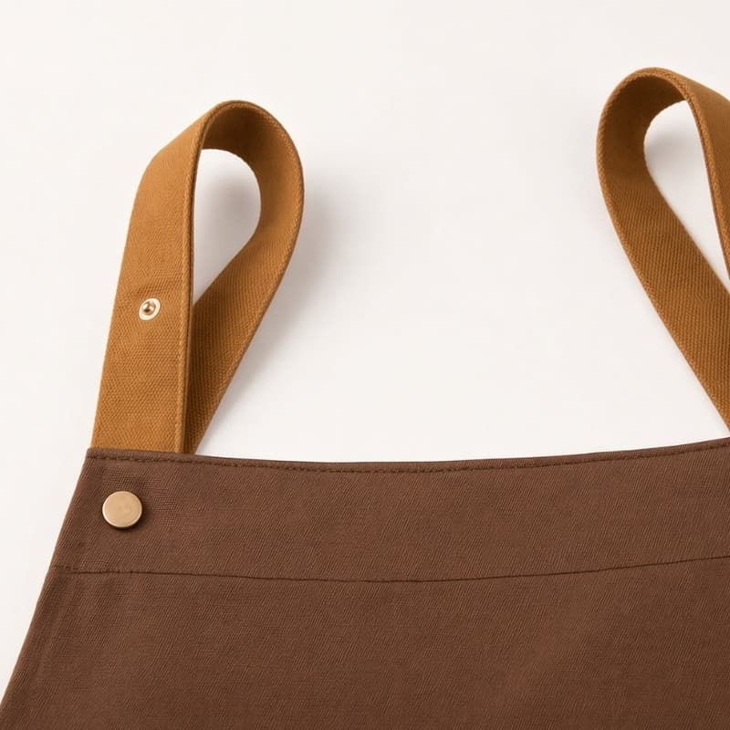 Close-up of deep coffee canvas apron with mustard webbing straps and brass snaps