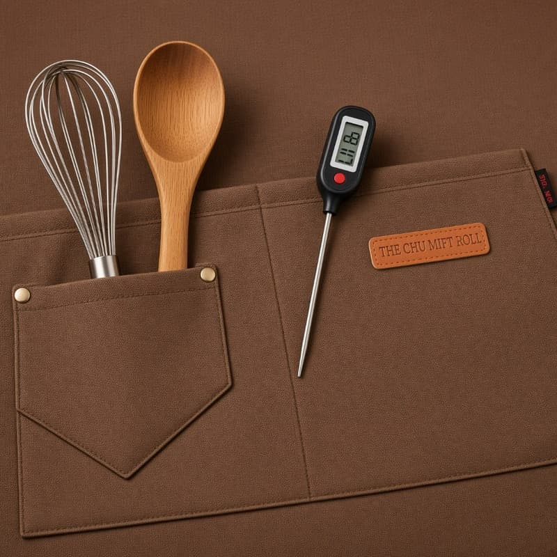 Deep coffee apron pockets holding a whisk, wooden spoon, and thermometer