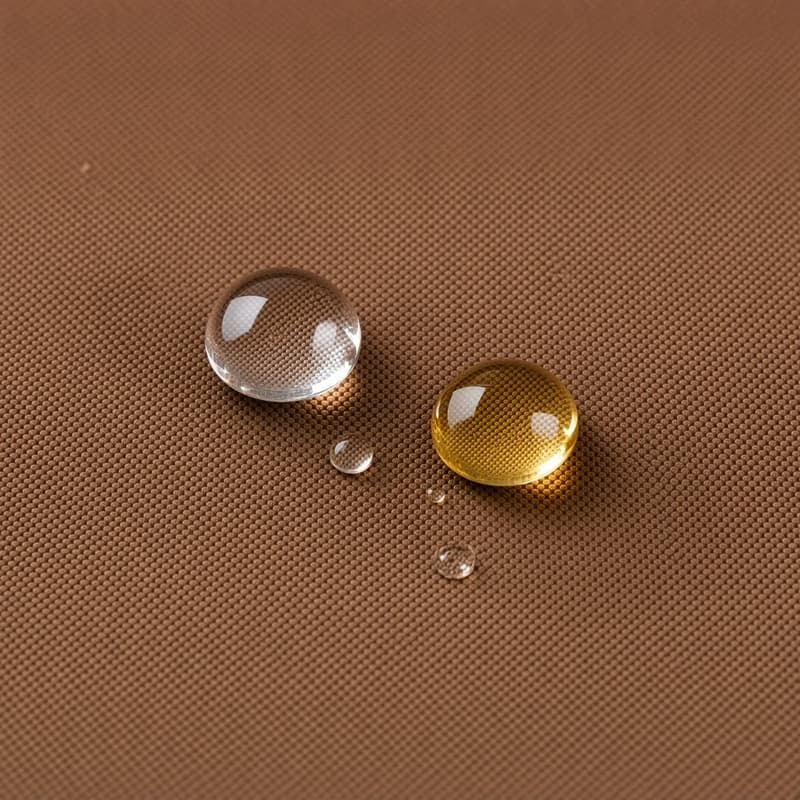 Clear water and amber oil droplets beading on brown canvas apron fabric