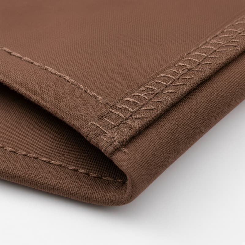 Close-up of bar-tack reinforced stitching on a deep coffee canvas apron corner