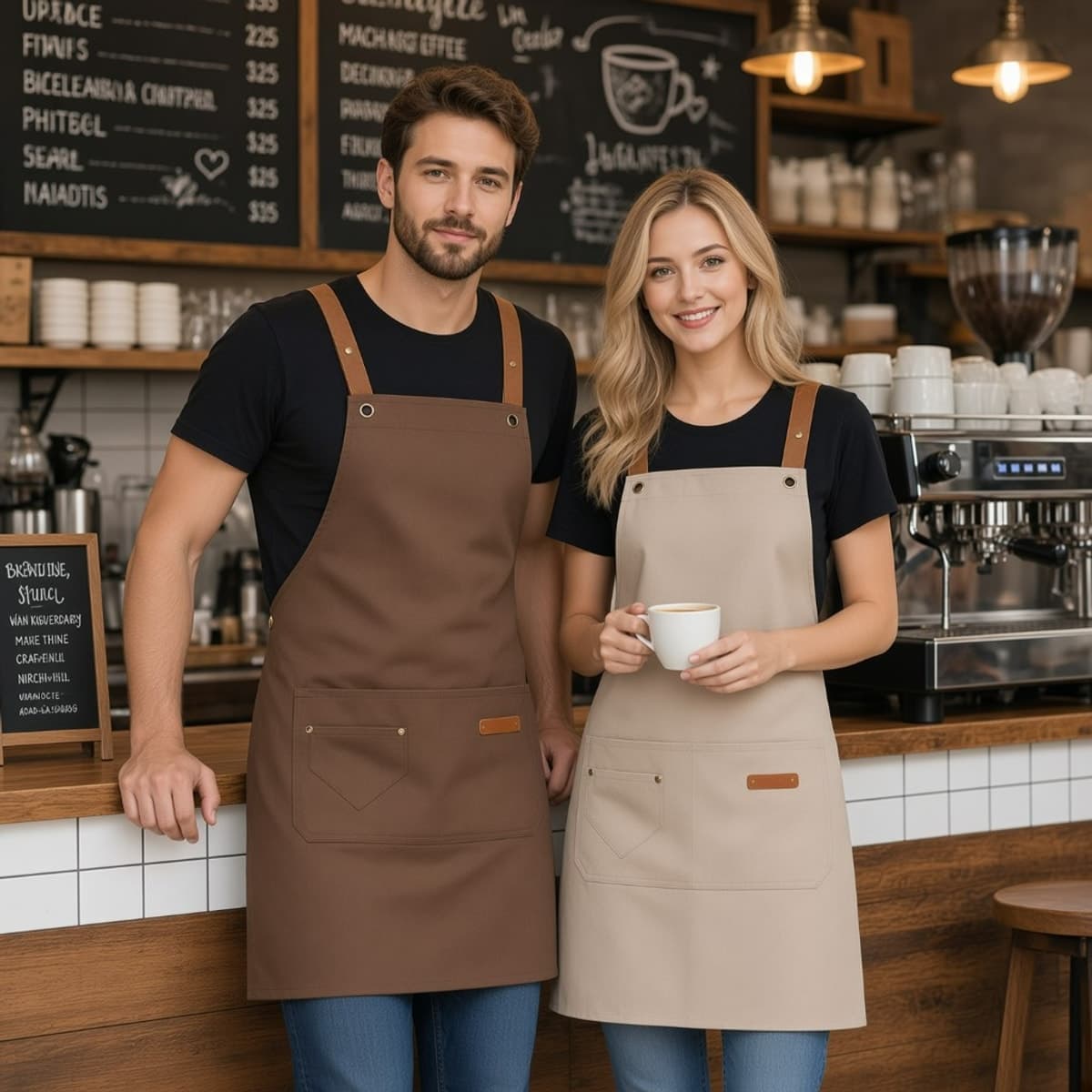 Man in brown apron and woman in beige apron with coffee cups in a cafe