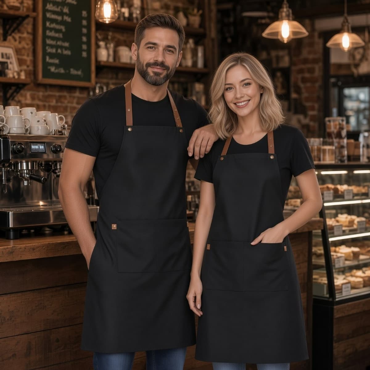 Baristas in matching black bistro aprons smiling behind a cafe counter