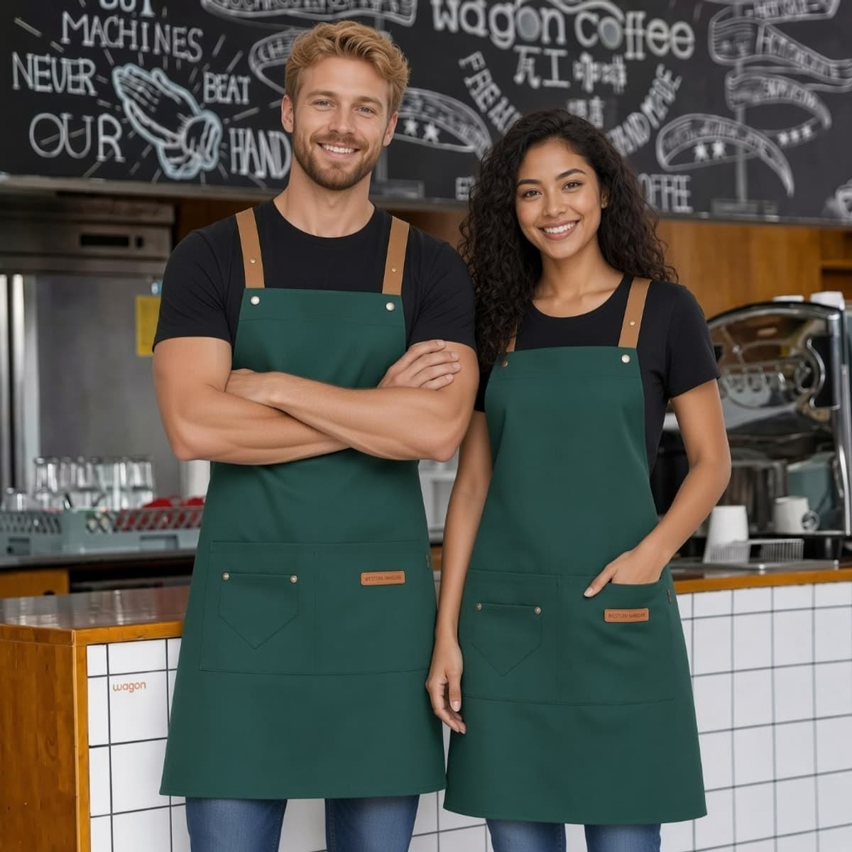 Man and woman wearing forest green bistro aprons in a coffee shop
