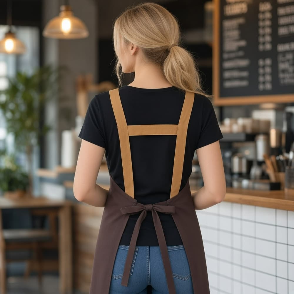 Back view of a woman wearing the deep coffee bistro work apron showing H-back straps