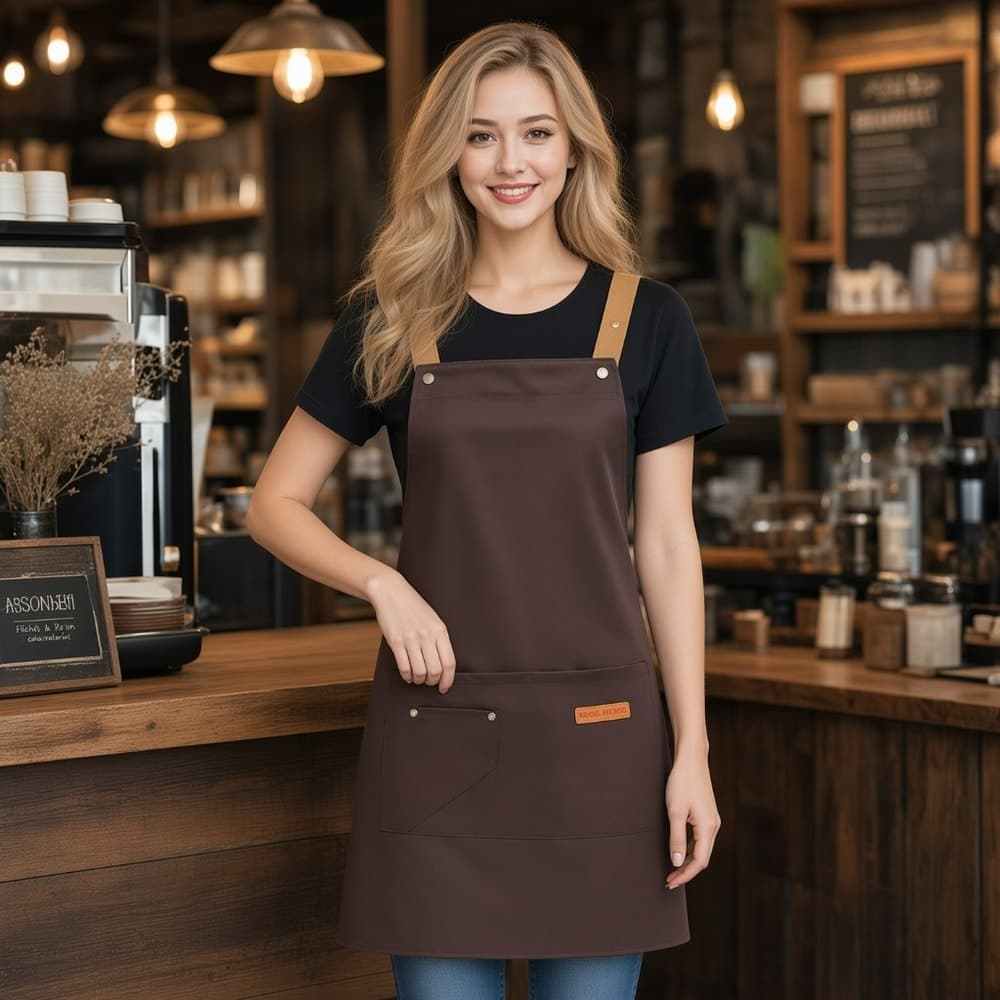 Front view of a woman wearing the deep coffee bistro work apron in a cafe