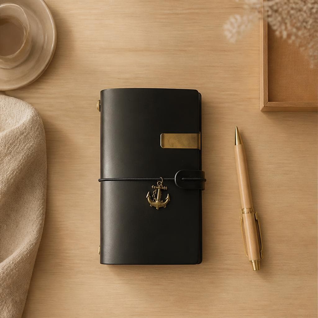 Matte black leather travel journal with a brass clip and anchor charm beside a wooden pen
