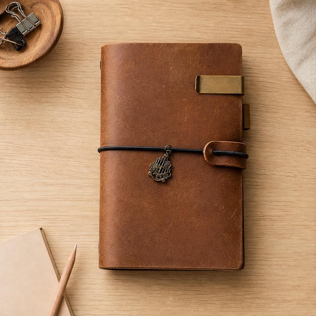 Medium coffee brown crazy-horse leather travel journal with a brass clip and shield charm