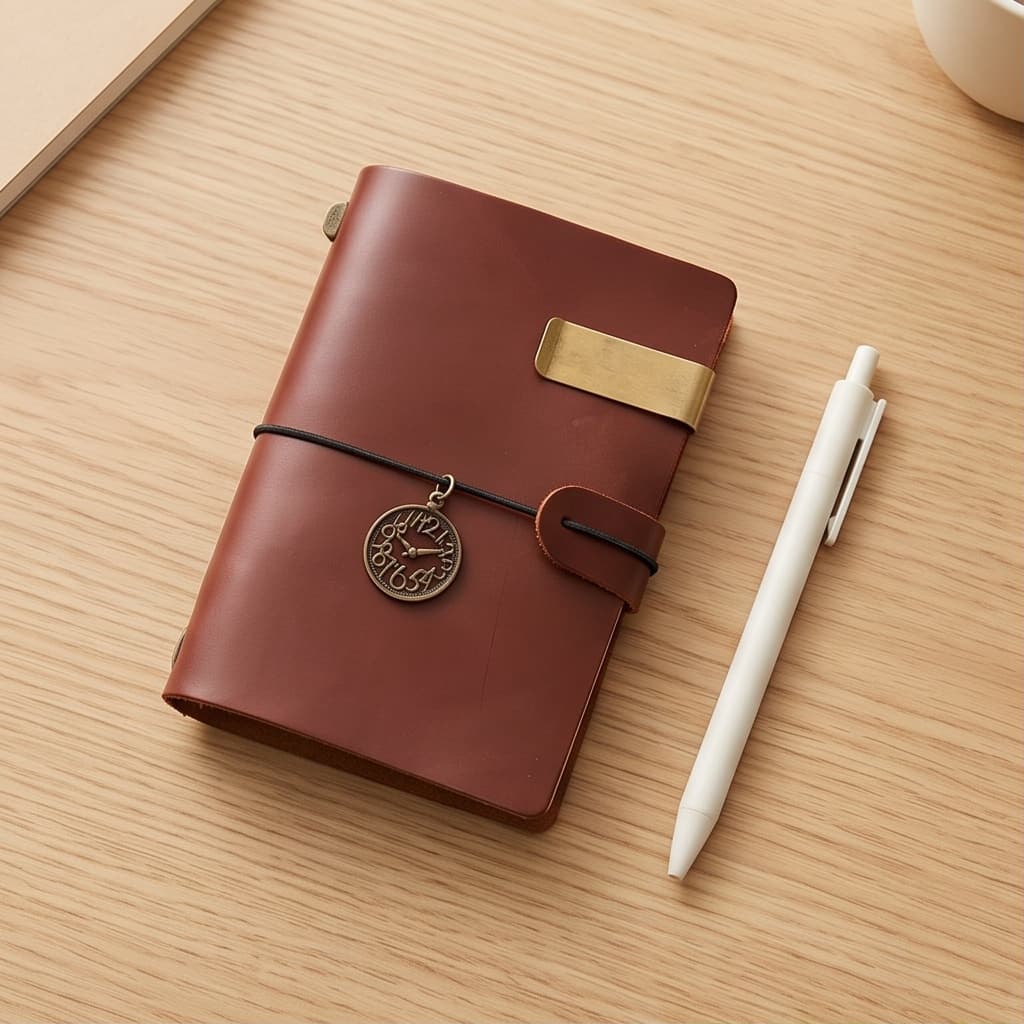 Glossy coffee smooth-finish leather travel journal shown at an angle with a clock charm