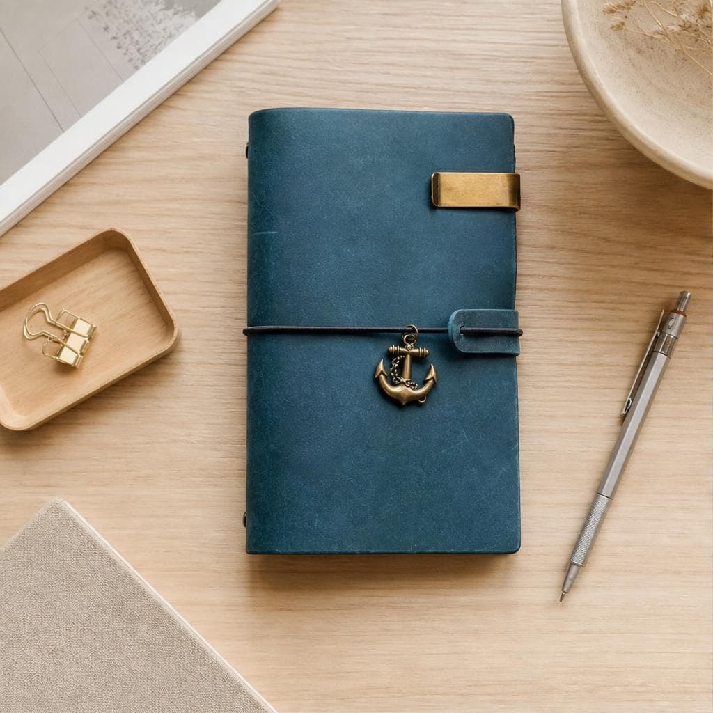 Deep navy blue leather travel journal with a brass clip and anchor charm on a light wood desk