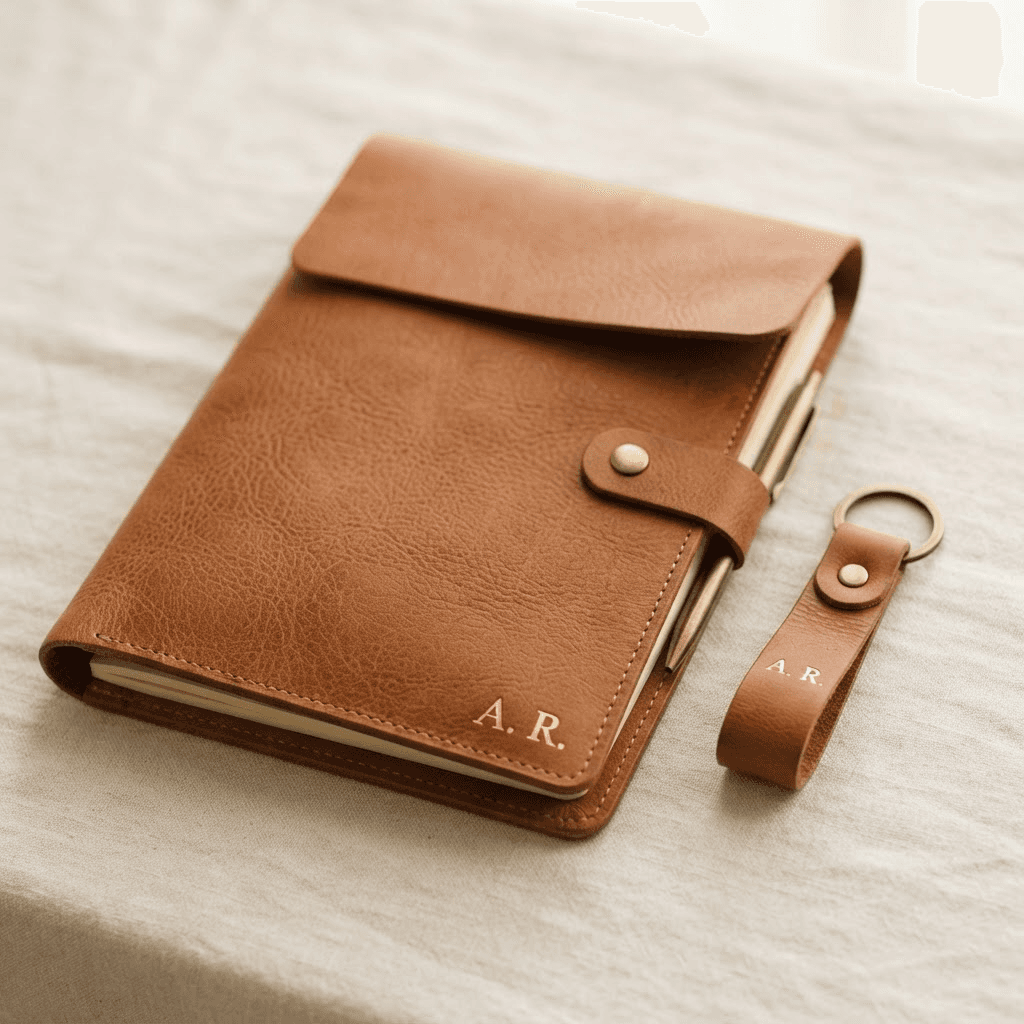 Custom leather goods laid out on a studio workbench
