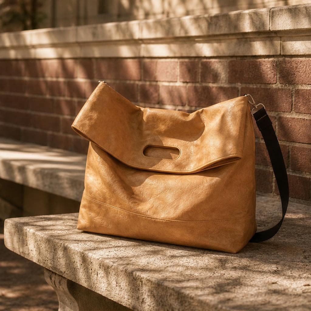 Light brown kraft bag resting on a sunlit stone bench outdoors