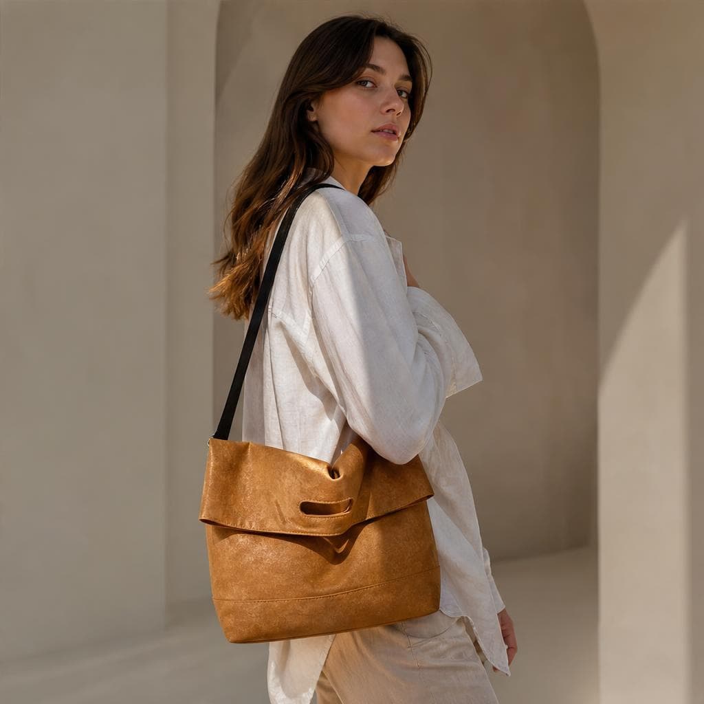 Woman in linen looking over her shoulder with a tan DuPont bag cross-body