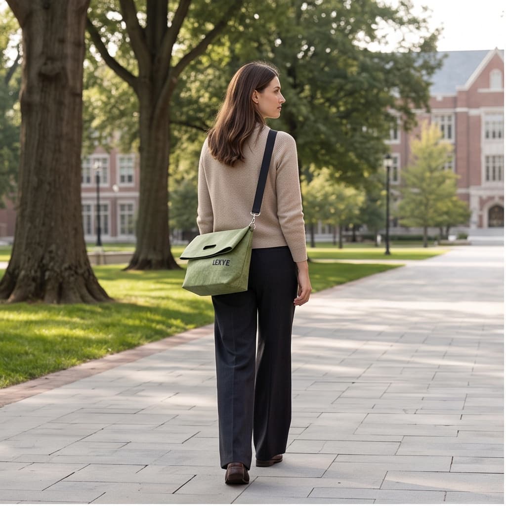Woman walking on a campus path with an olive green DuPont bag