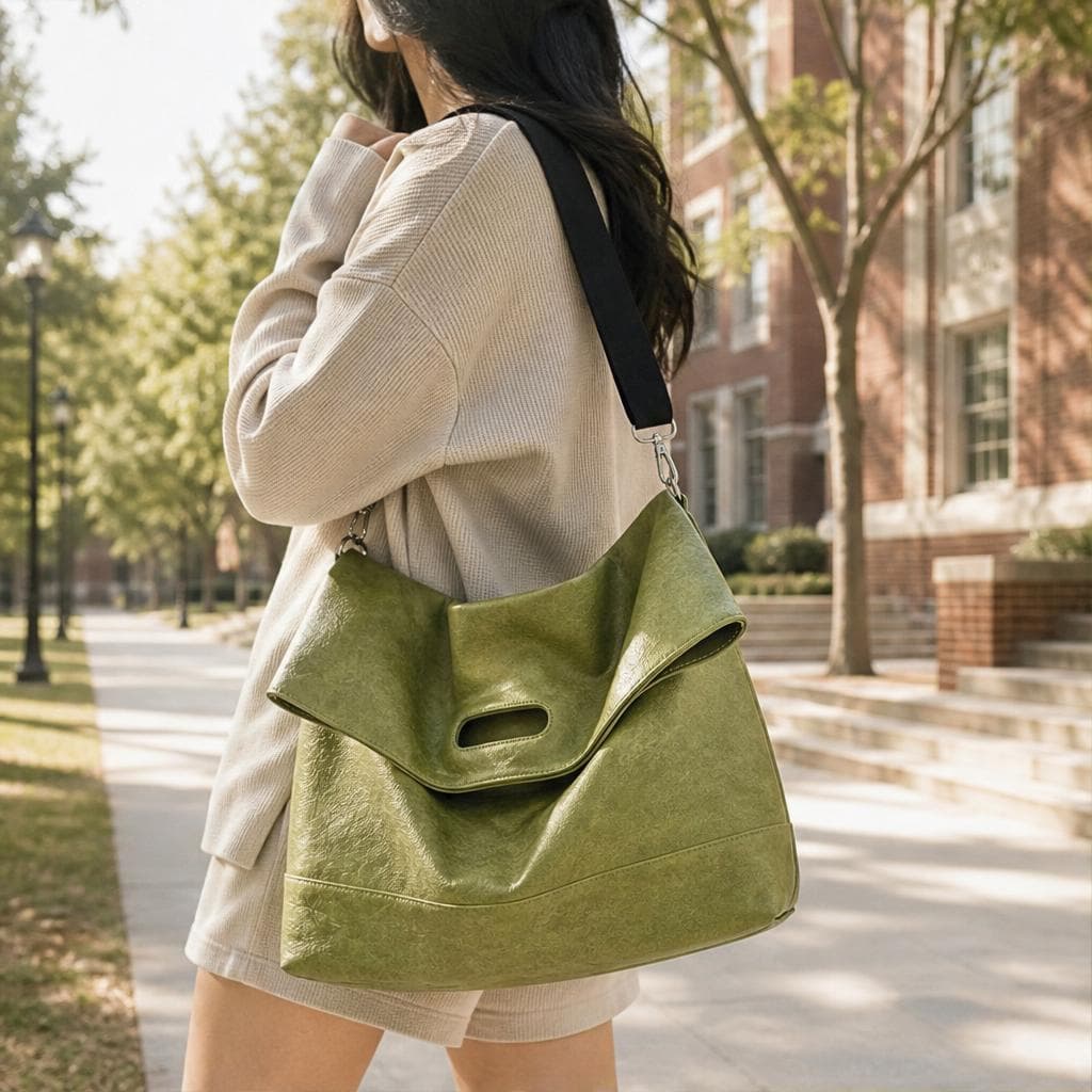 Side view of a person carrying an olive green DuPont bag on campus