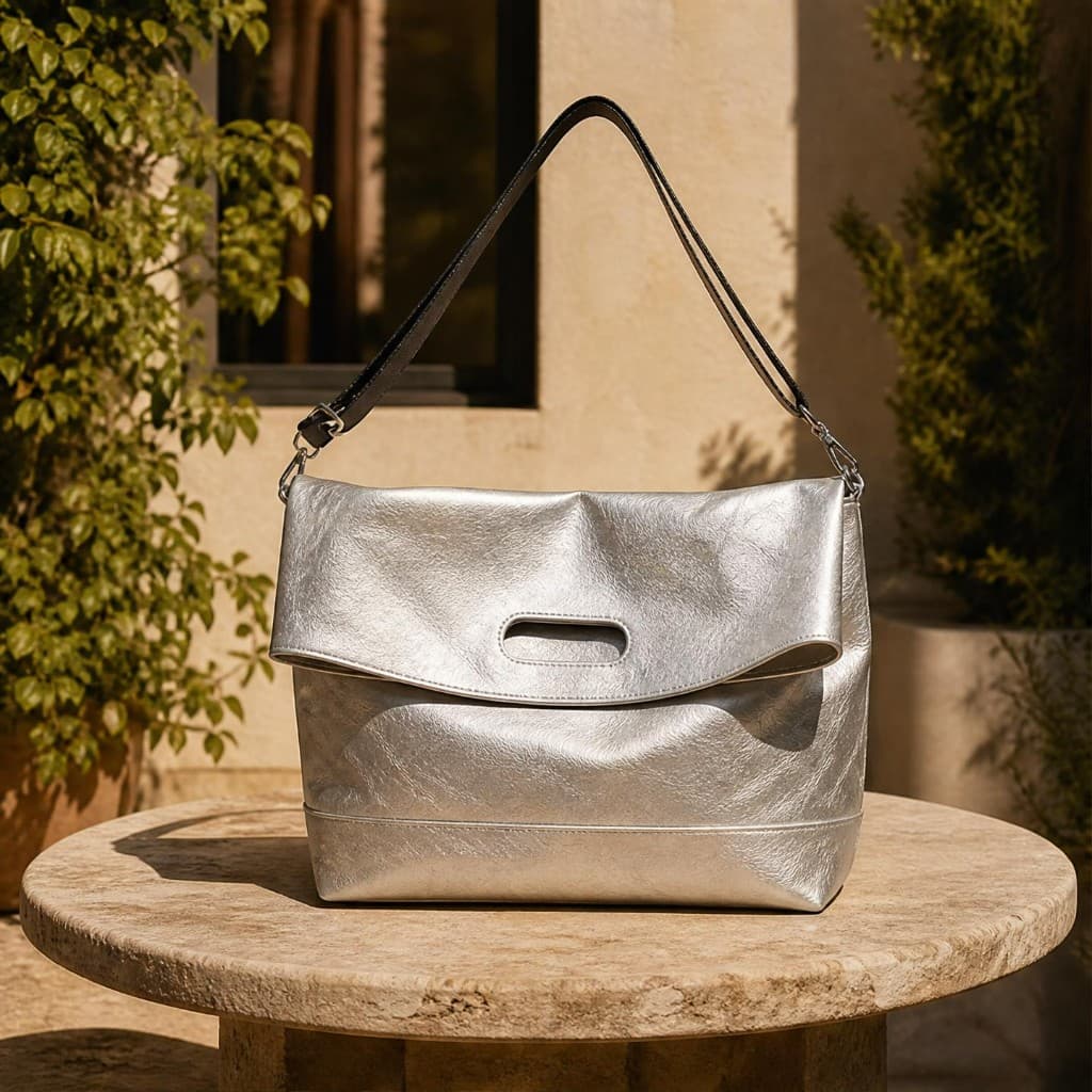 Metallic silver DuPont bag displayed on a stone pedestal outdoors