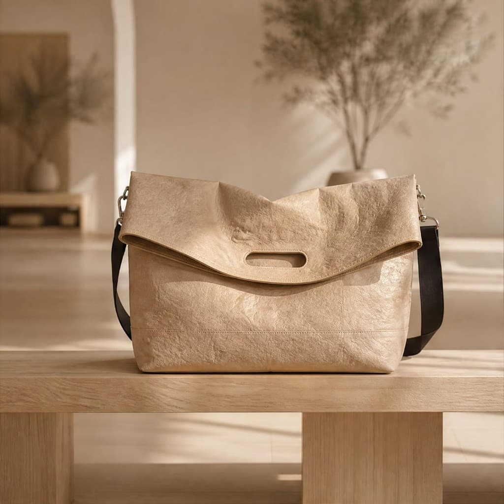 Tan DuPont bag resting on a light wood bench indoors