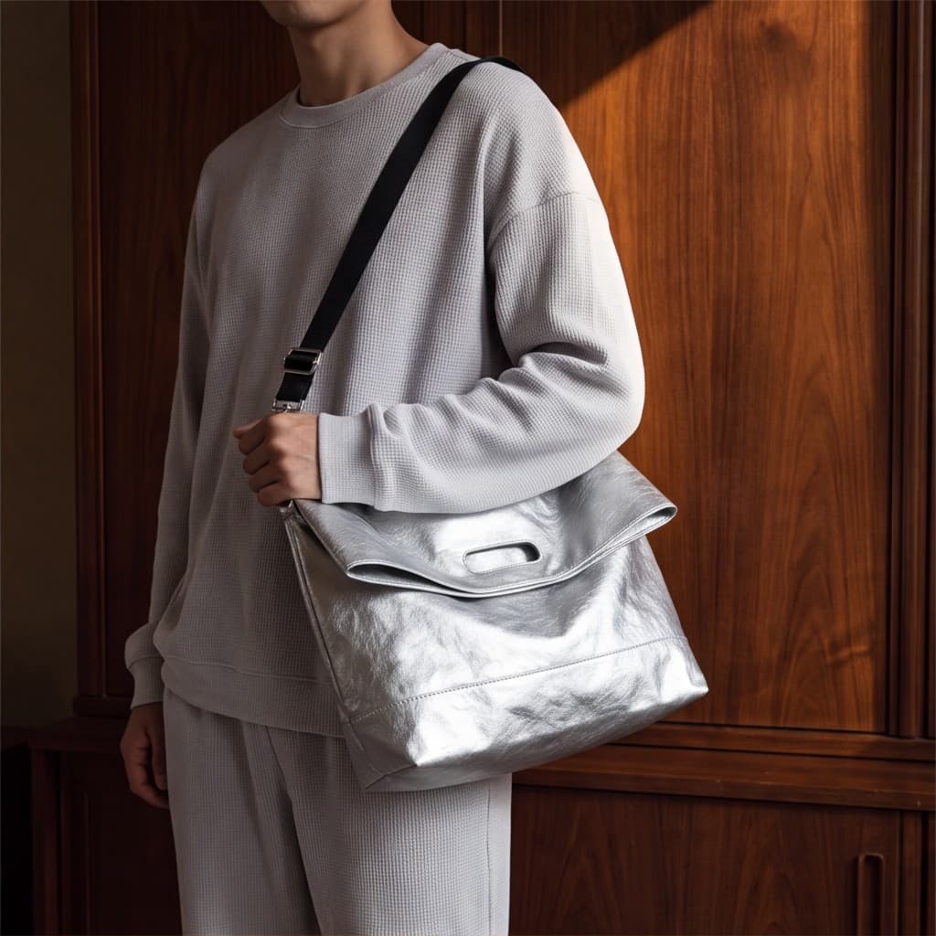 Person in a grey lounge set wearing a metallic silver DuPont bag cross-body