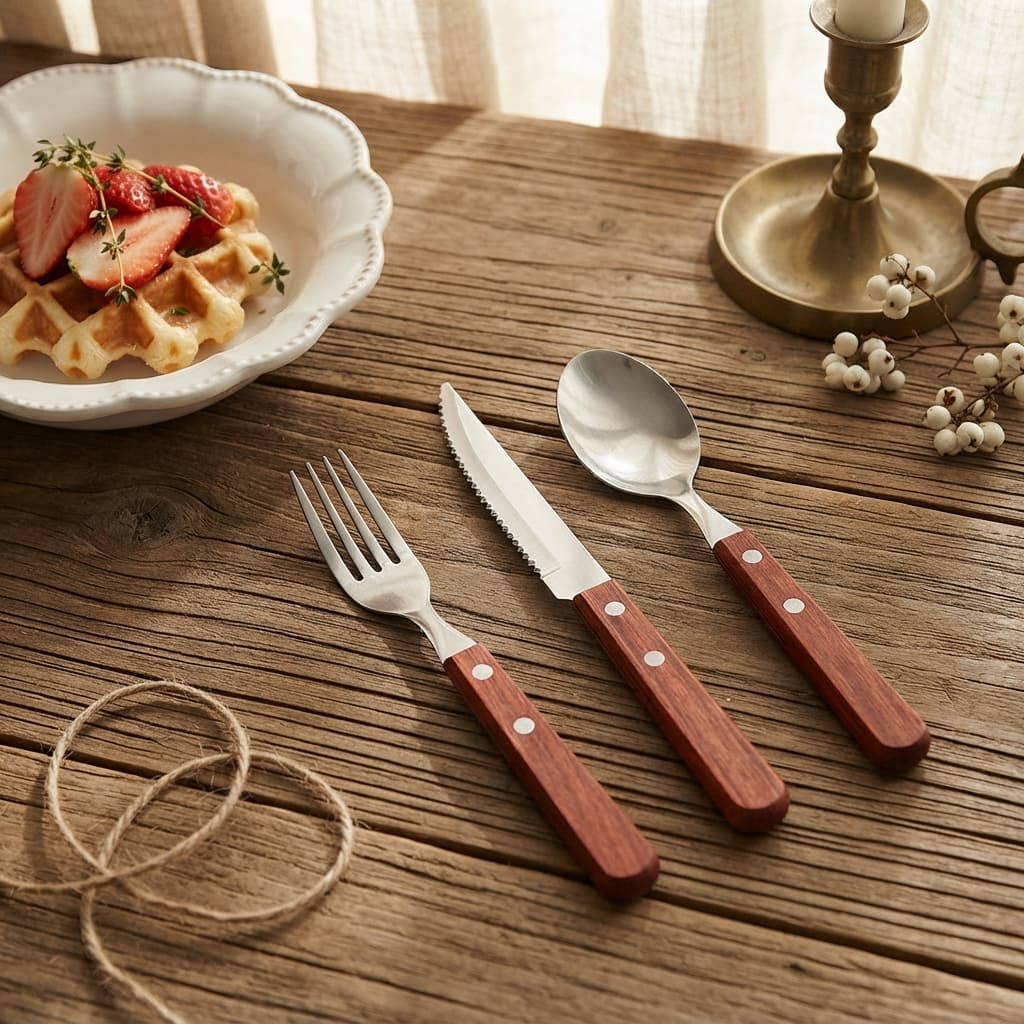 Three-piece wooden-handle flatware styled with a waffle breakfast