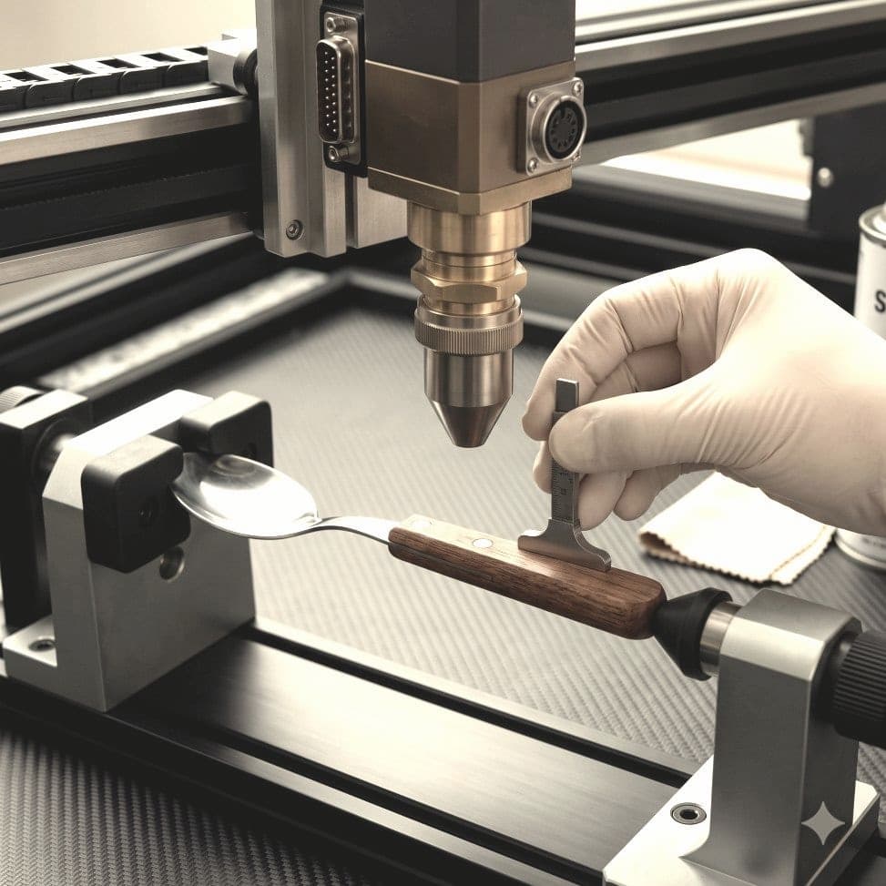 Gloved hand aligning a measuring gauge on a wooden spoon handle under a laser head