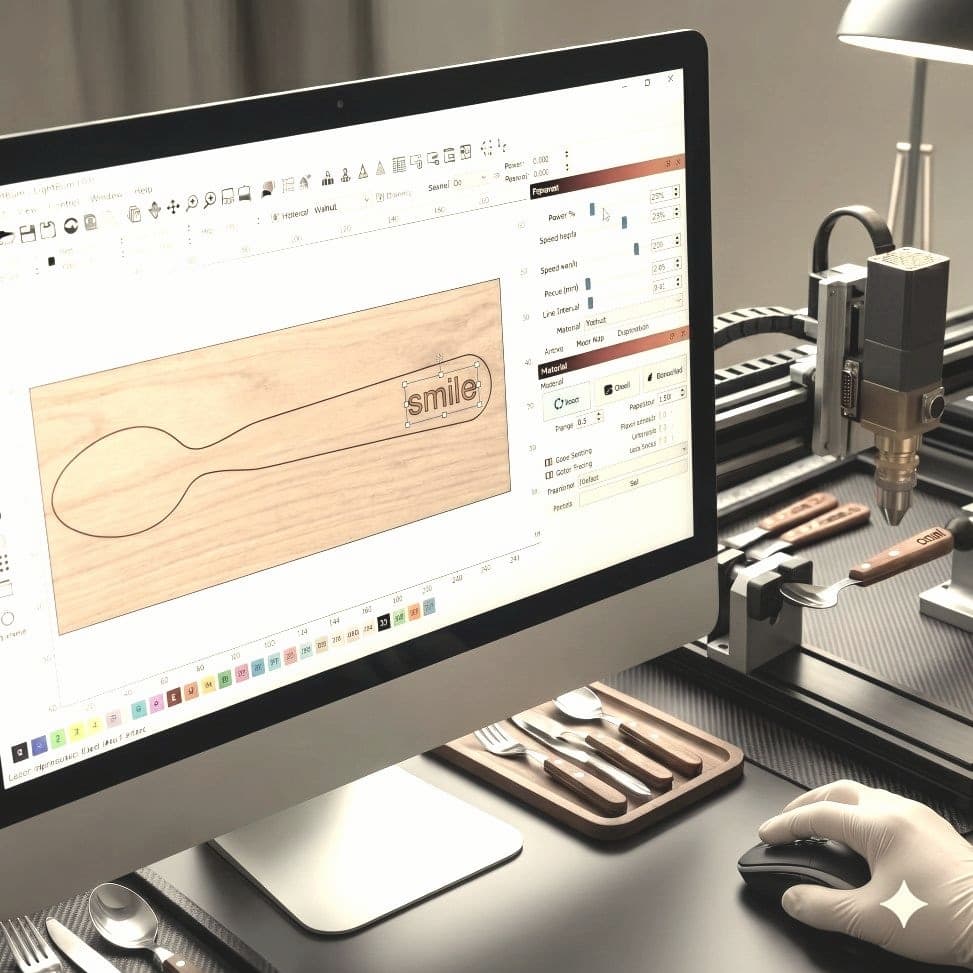 Laser engraving software showing the word smile positioned on a wooden spoon handle template