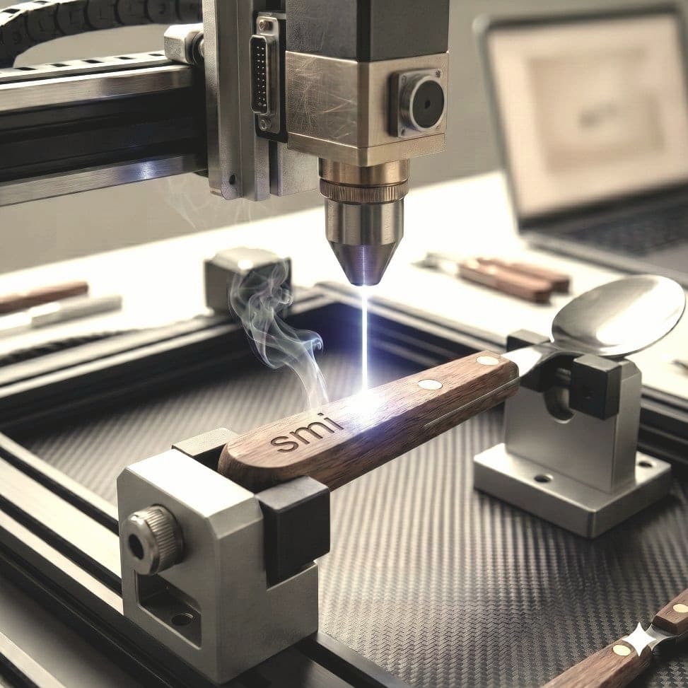 Laser beam engraving letters into a wooden spoon handle secured in a metal jig