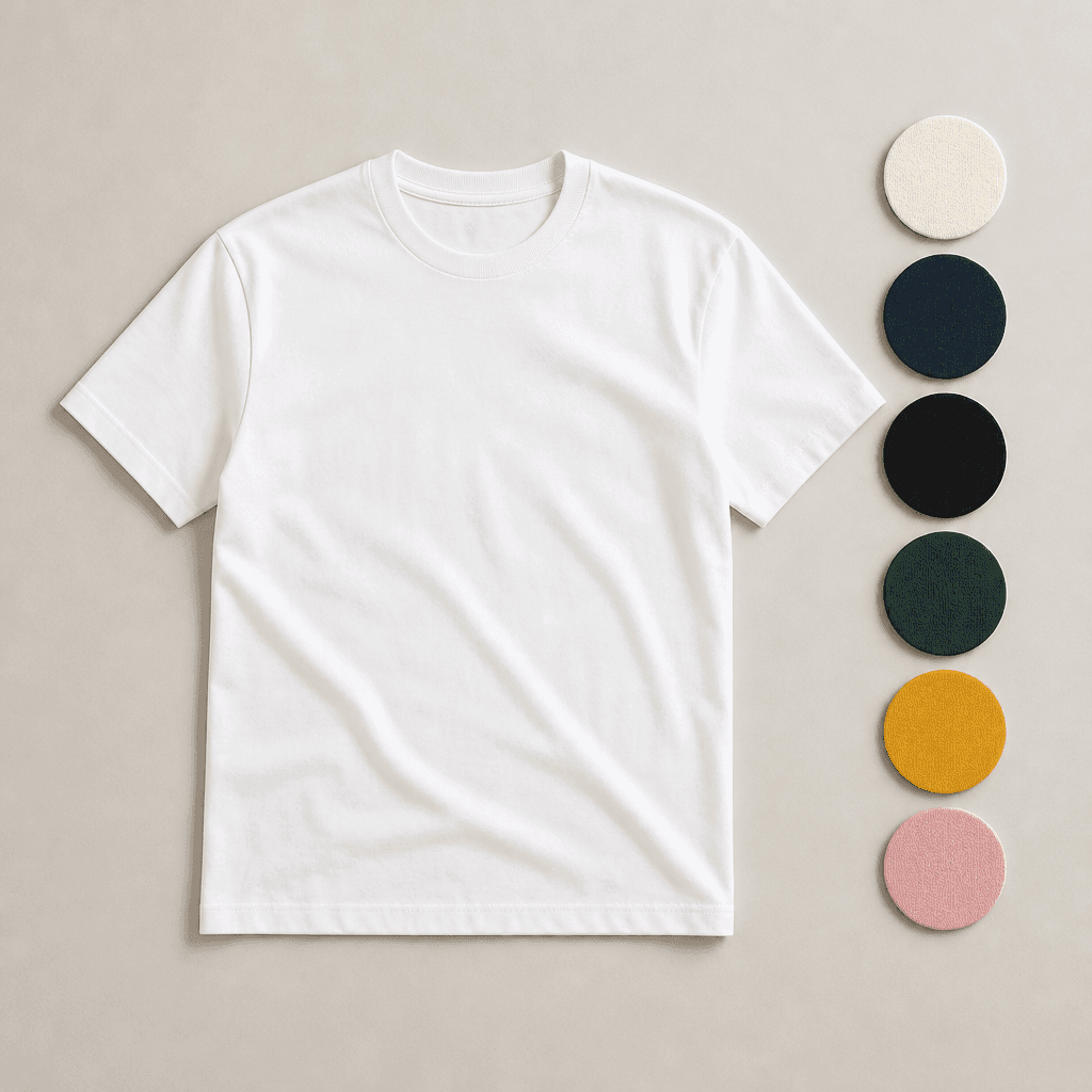 Blank white tee beside cream, navy, black, forest, mustard, and pink color swatches