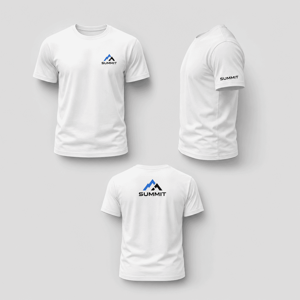 Three white tees showing Summit logo on front chest, sleeve, and upper back