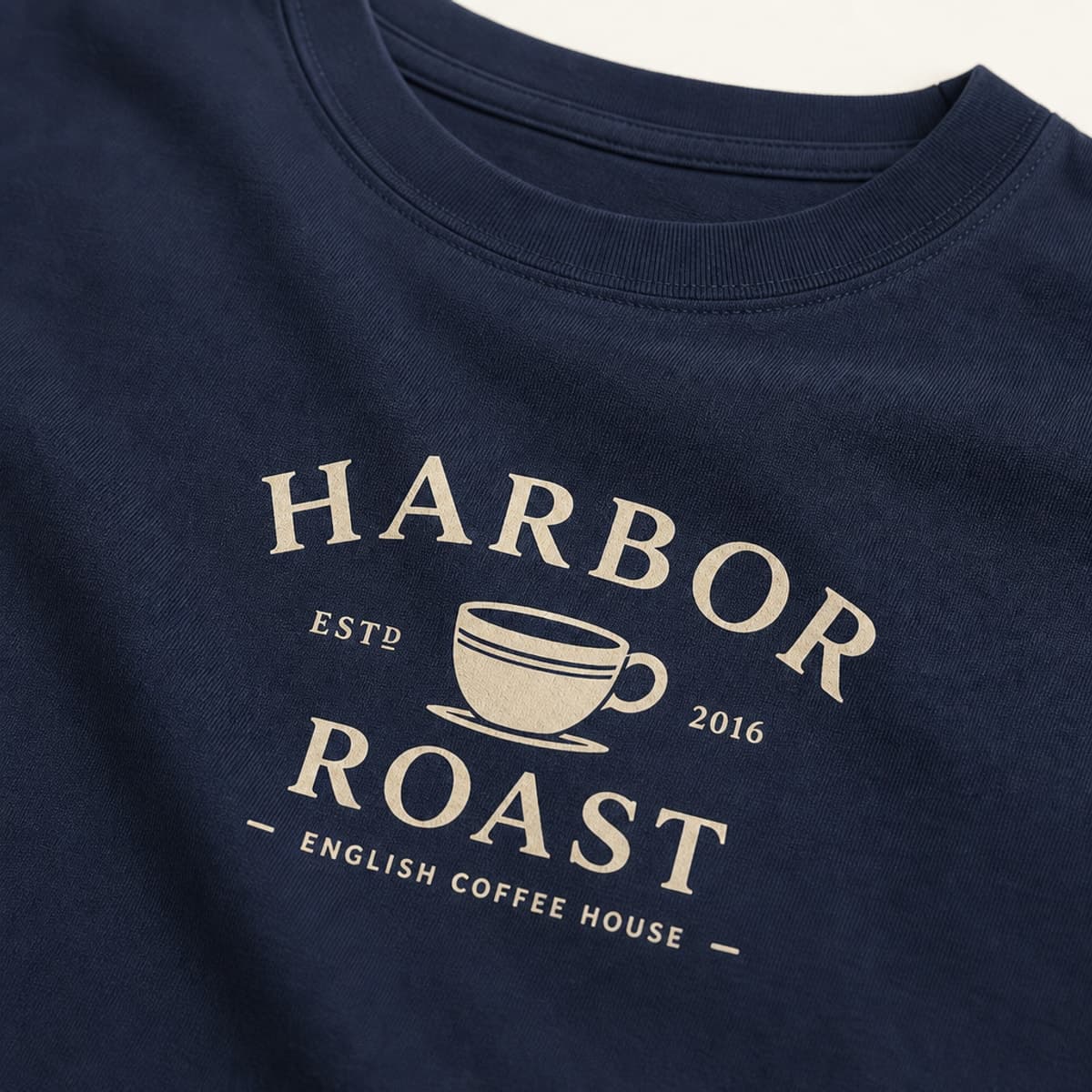 Navy tee with Harbor Roast cafe logo in flat silk screen print