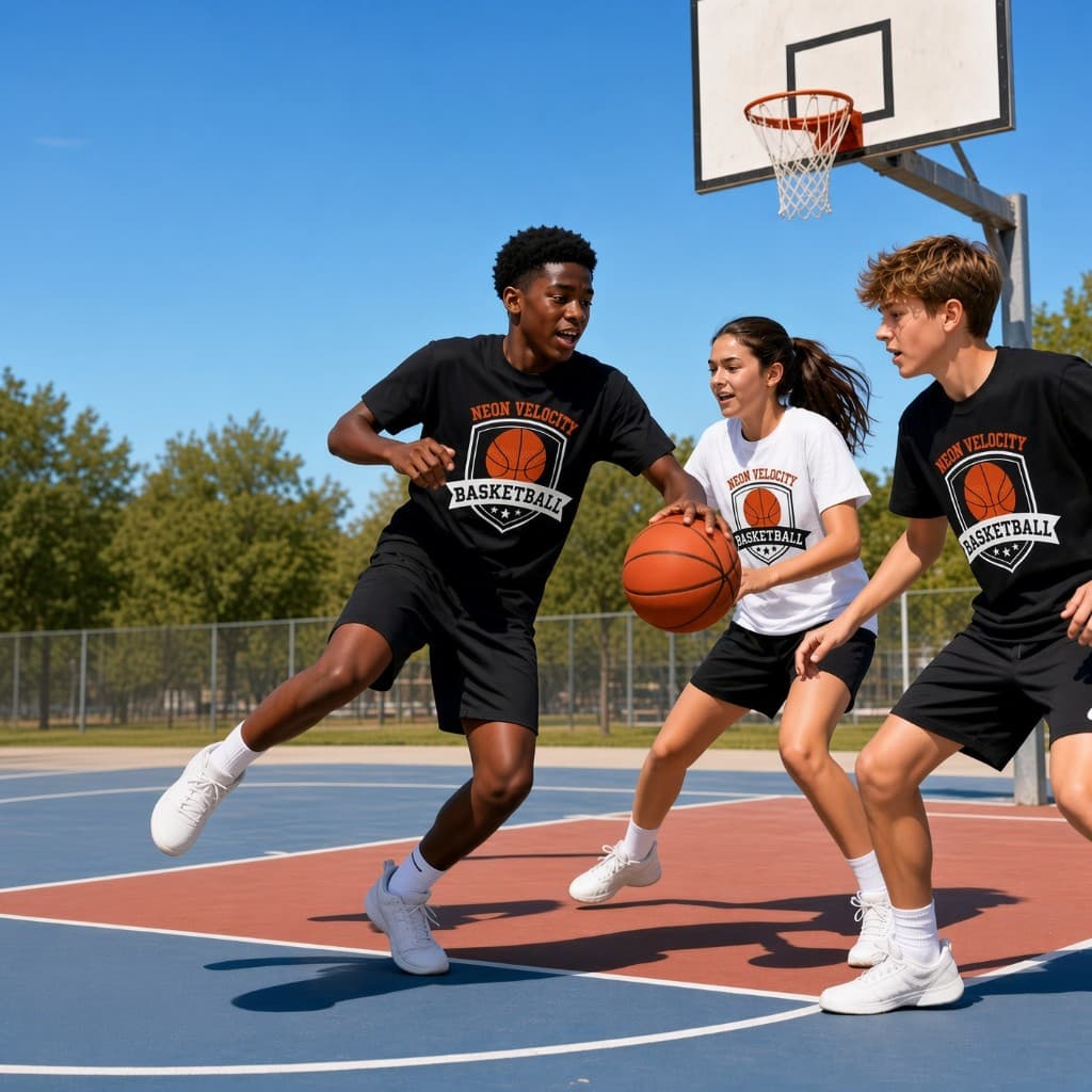 Three models on a basketball court in black and white tees with matching Neon Velocity logos