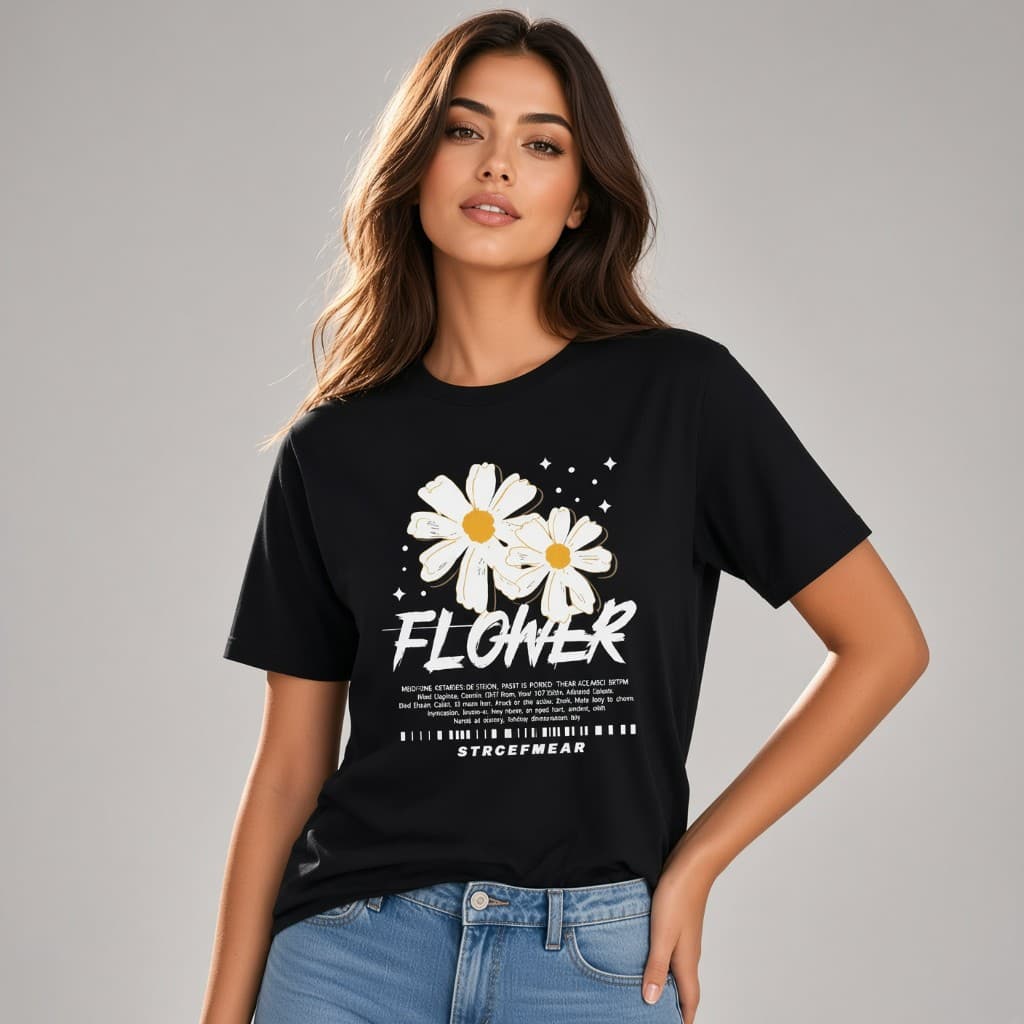 Model in a jet black tee with a large flower graphic across the chest