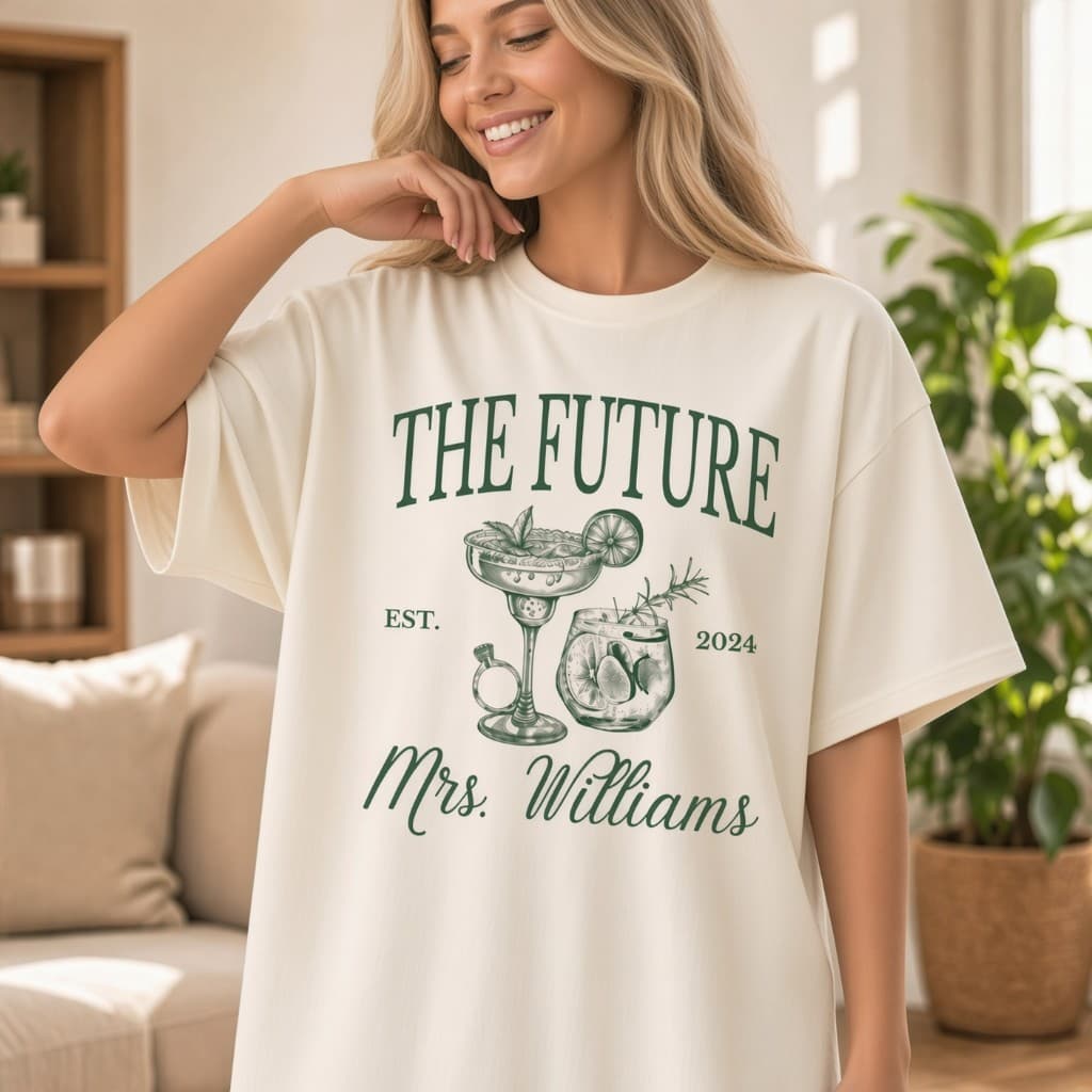Model in a cream oversized tee with a dark green The Future Mrs. Williams cocktail graphic