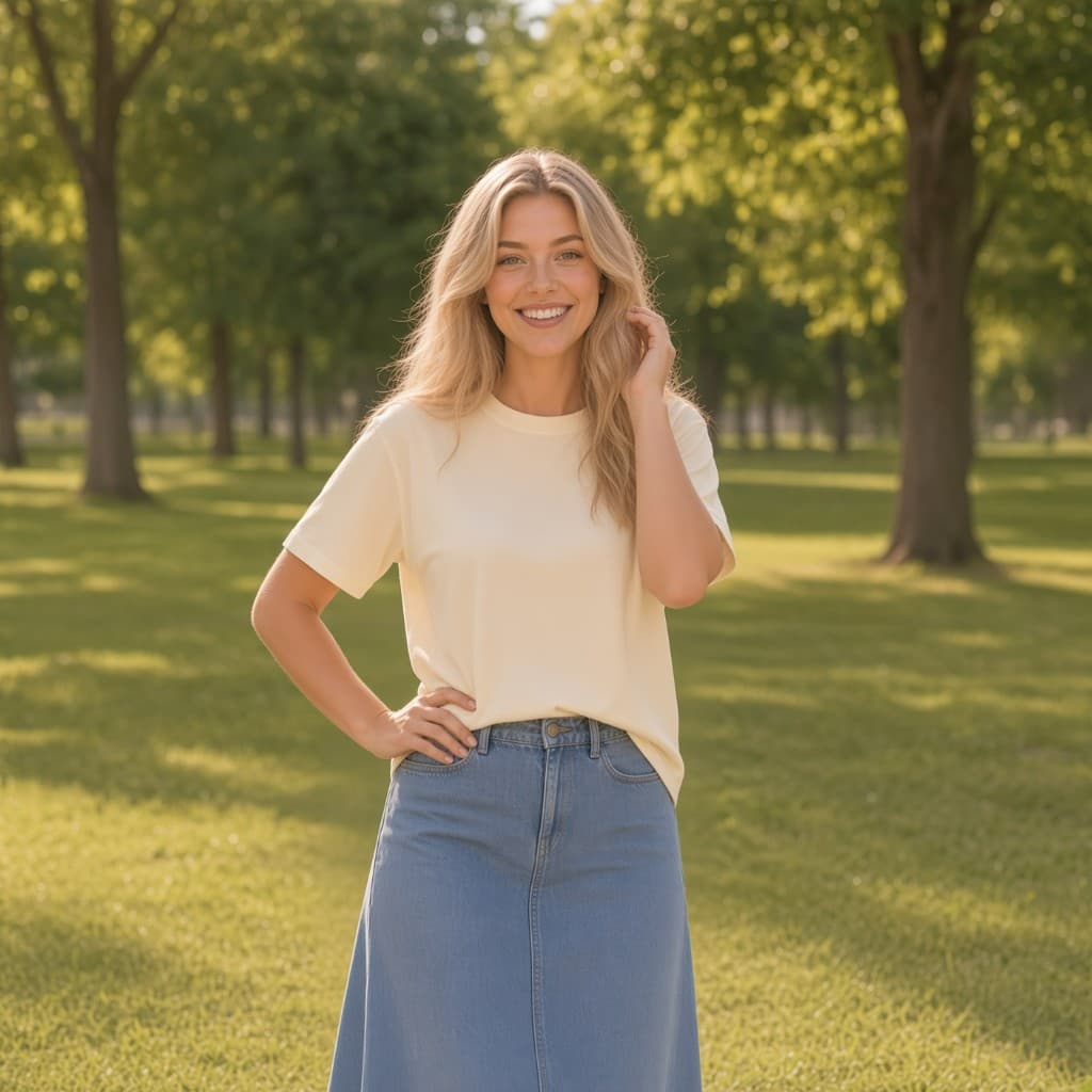 Model in a cream heavyweight tee outdoors in a park