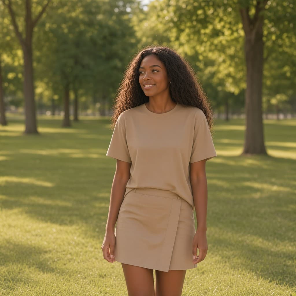 Model in a khaki heavyweight tee outdoors
