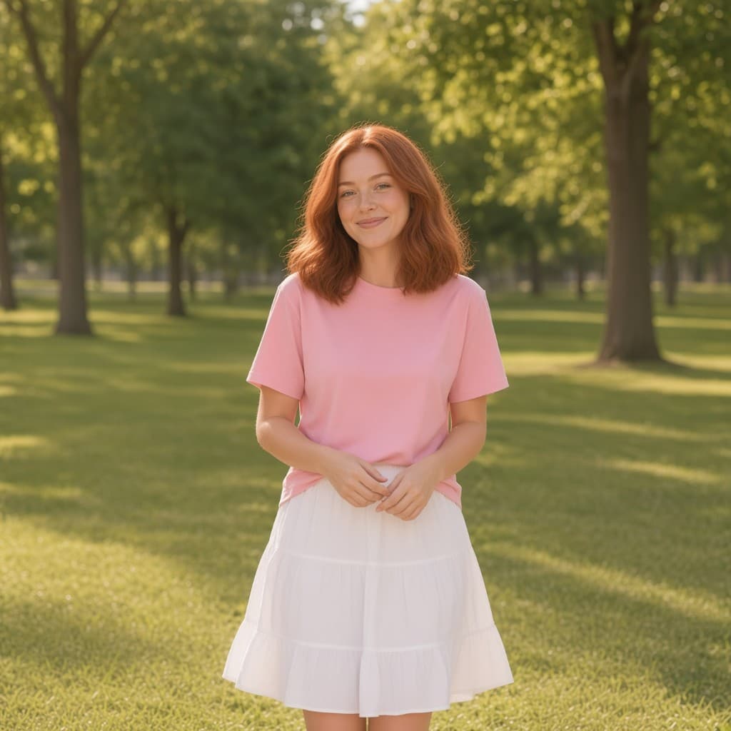 Model in a pink heavyweight tee in a sunlit park