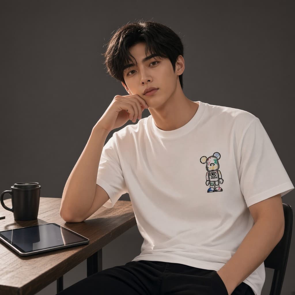 Model in a pure white heavyweight tee with a colorful left-chest graphic