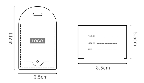 Technical diagram of the leather travel tag at 11 by 6.5 centimetres and the identification card at 5.5 by 8.5 centimetres