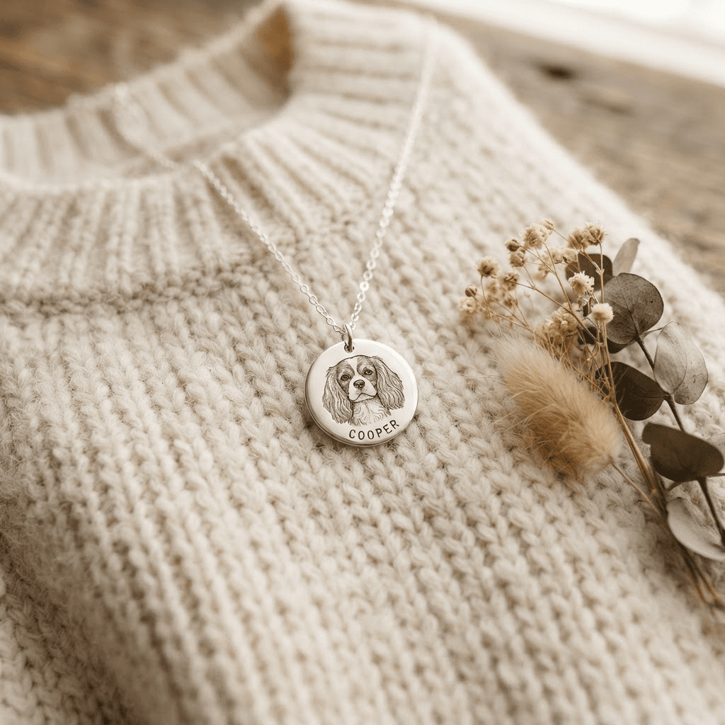 Silver pet portrait necklace styled on a cream knit with dried flowers