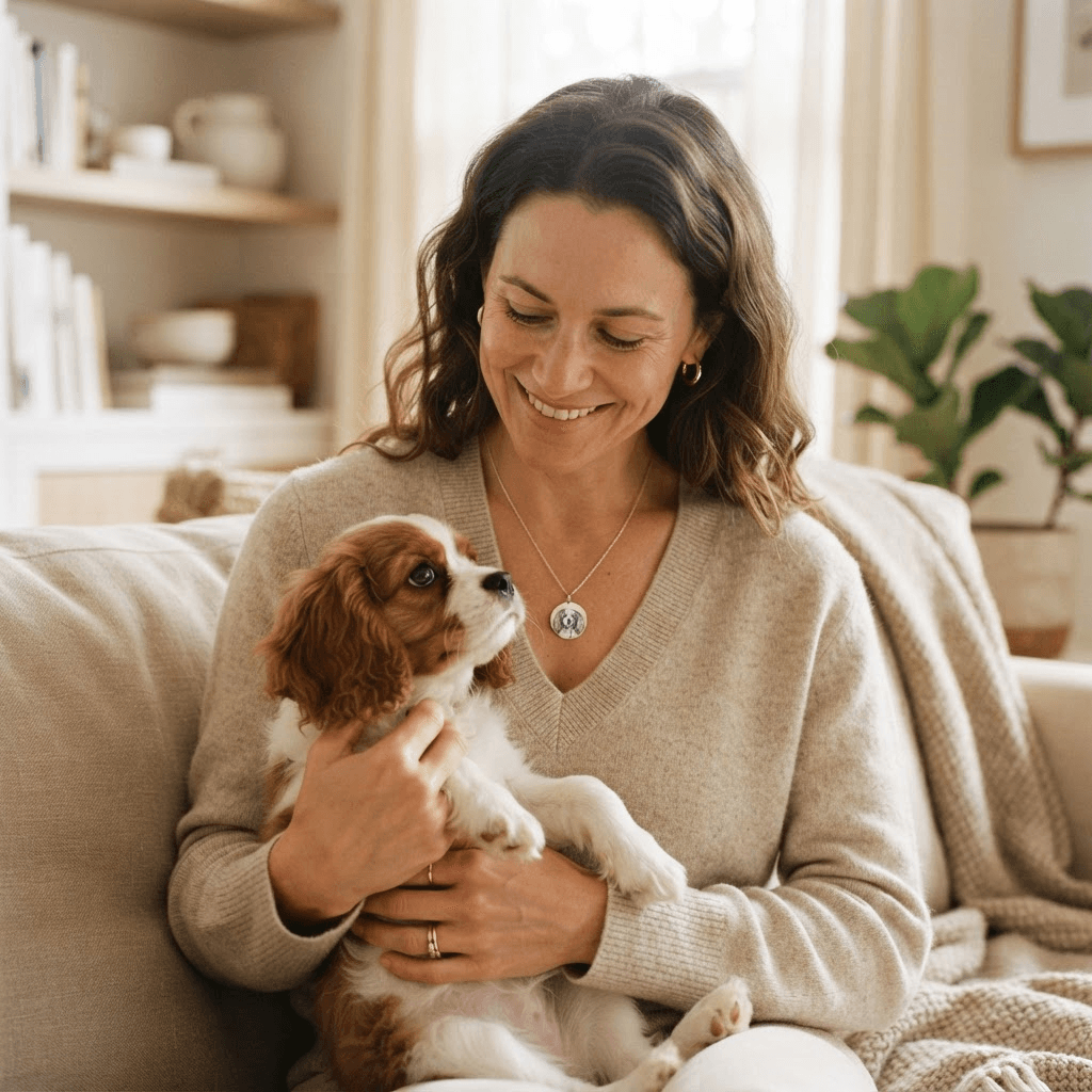 Woman wearing the pendant while holding her small dog