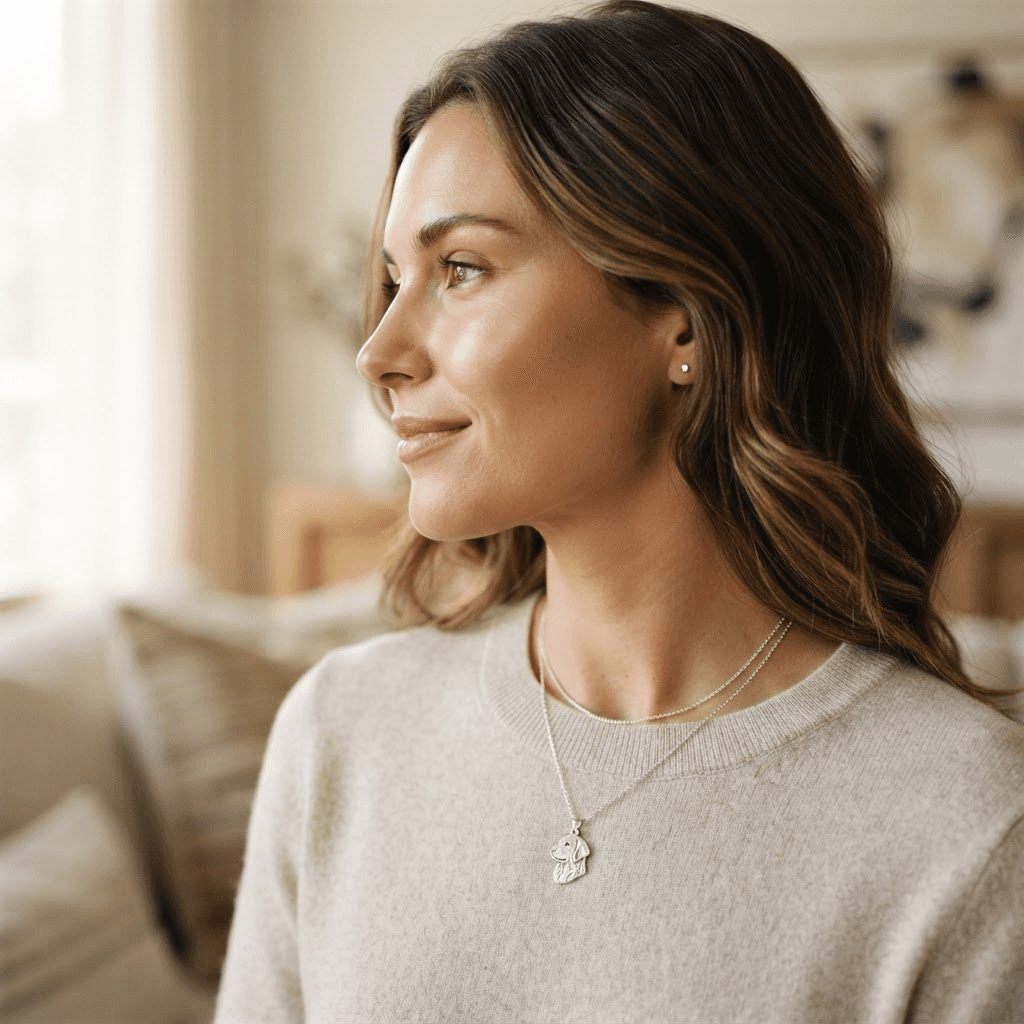 Side profile of a woman wearing the layered silver pet portrait necklace