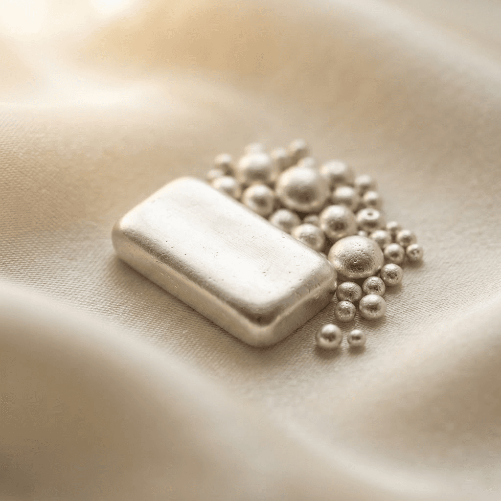 Raw sterling silver bullion bars and granules