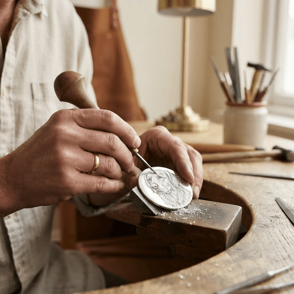 Artisan hands carving a silver pet portrait pendant with fine tools in a modern workshop