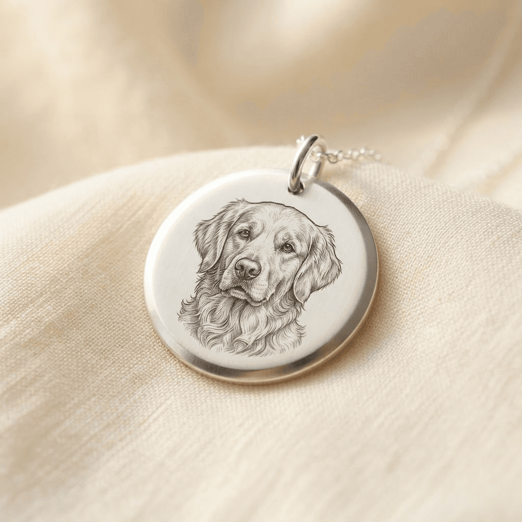 Flat round sterling silver medallion disc engraved with a pet portrait