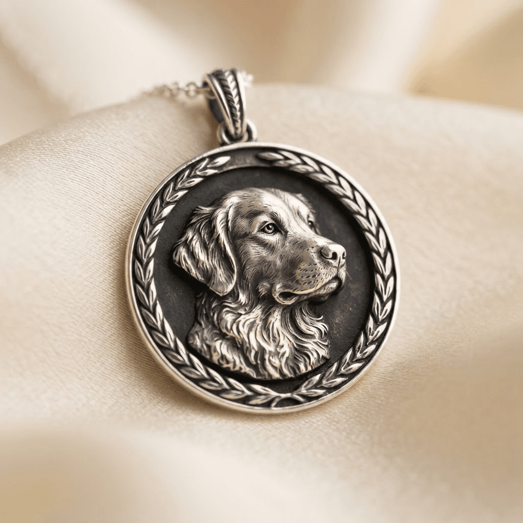 Sterling silver pendant with an embossed pet portrait on a blackened oxidised background
