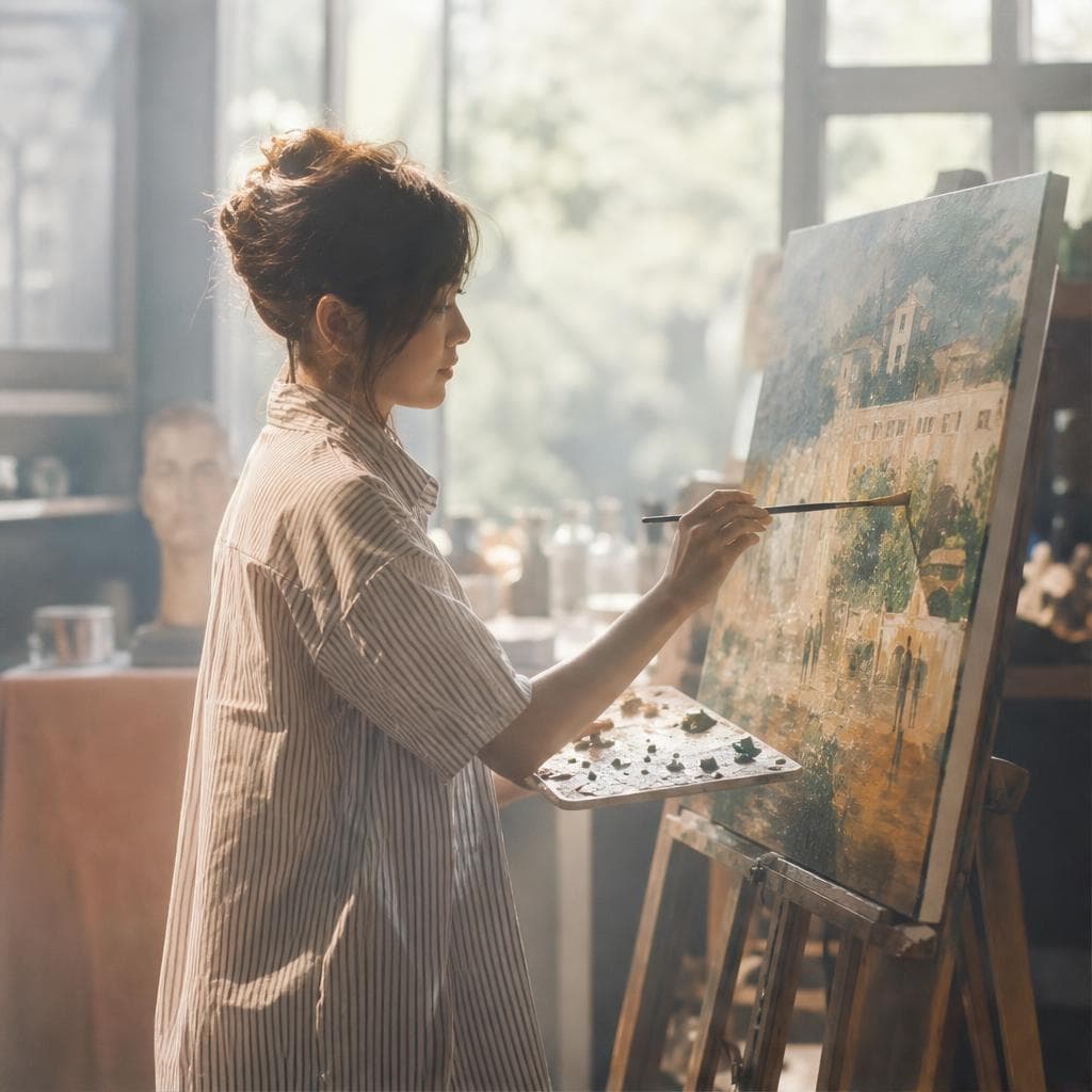 Artist painting a landscape on canvas in a sunlit studio, holding a brush and wooden palette