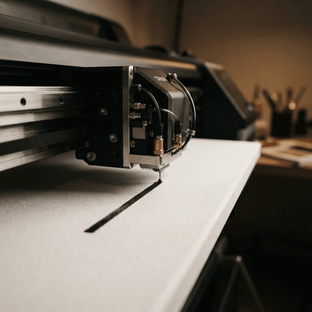 A large-format printer nozzle precisely depositing archival ink onto artist canvas